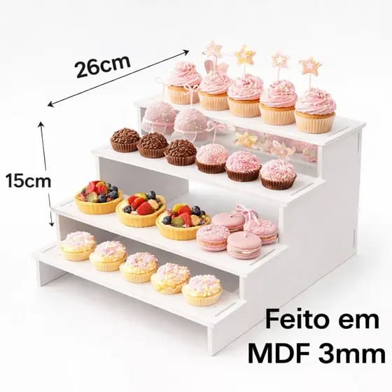 Escada Expositora Madeira MDF 4 Degraus para Doces Cupcakes Festas Aniversário Feira 26x26x15cm