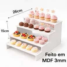 Escada Expositora Madeira MDF 4 Degraus para Doces Cupcakes Festas Aniversário Feira 26x26x15cm