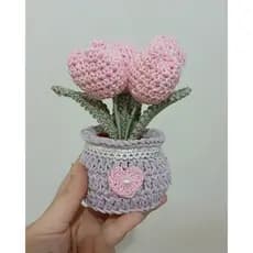 Vaso de flor em crochê Tulipas rosa bebê e vaso Lilás AMIGURUMI