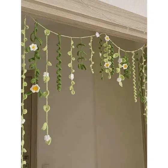 Cortina de crochê folhagens com pequenas flores Margaridas ou Girassóis