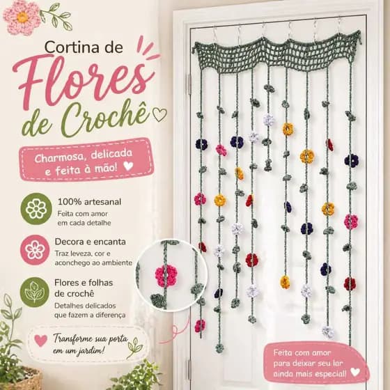 Cortina de crochê com flores
