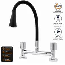 Torneira Cozinha Gourmet Misturador Flexível Duplo Jato 360° Bancada Premium