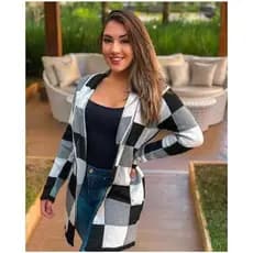 Kimono Xadrez Quadriculado Tricot Cardigã Manga Longa Feminino