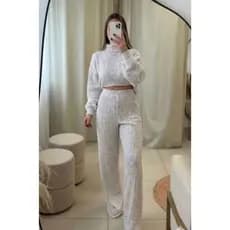 Conjunto Trico Mousse Feminino Cropped Gola Alta Cacharrel Manga longa