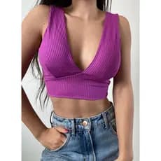 Cropped Decote V Profundo com Bojo Top Canelado