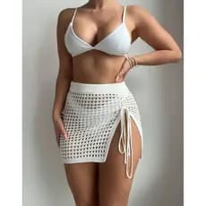 Saida de Praia Saia Trico Crochê Com Cordão Lateral Feminina Moda Verão