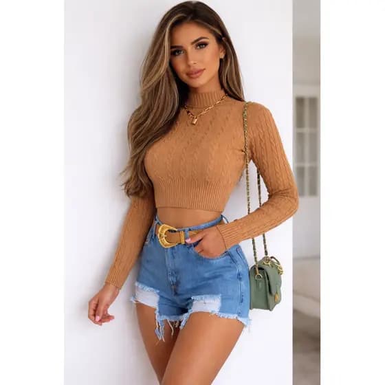 Blusa Tricô Modal Sayuri Cropped Trança Manga Longa Inverno Tricot