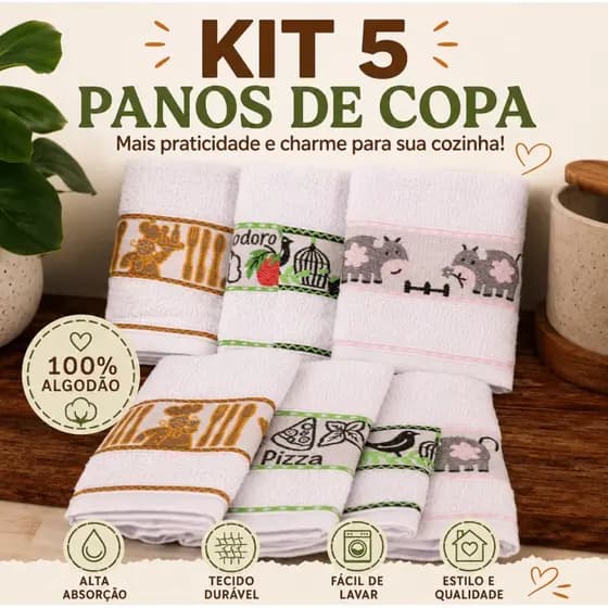 Kit 05 Panos de Copa Atoalhado 100% Algodão Gramatura 320g | 48x70cm
