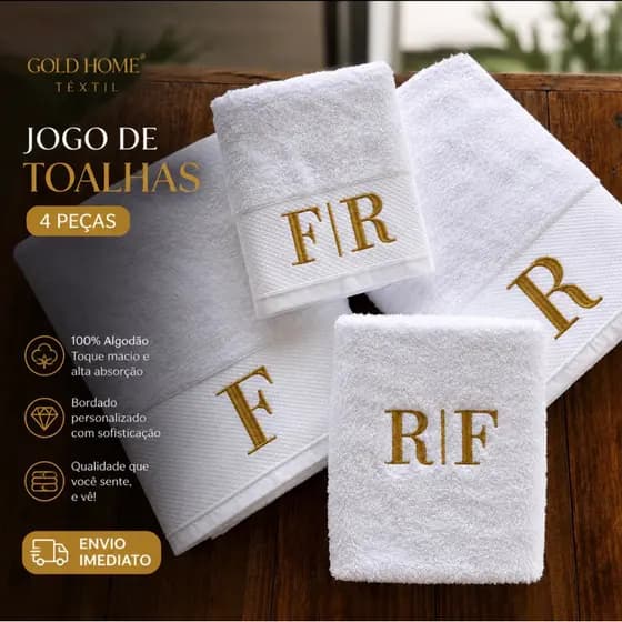 Kit Jogo de Toalha 4 peças Bordadas 1 Rosto, 2 Banho e 1 Piso Gramatura 540