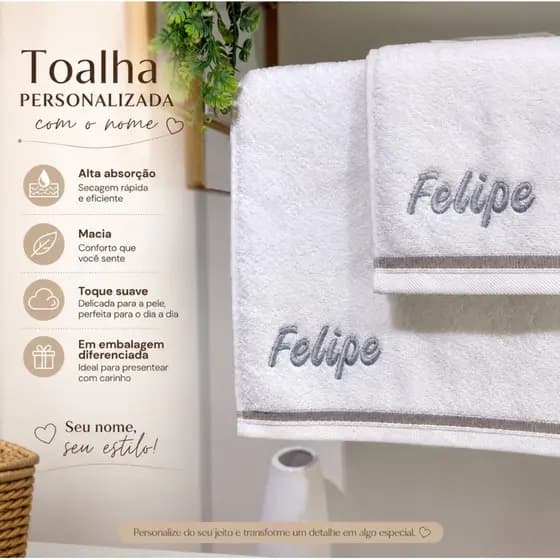 Kit Toalhas Bordadas com Nome Rosto e Banho Algodão 100%, 490g, Fio Penteado