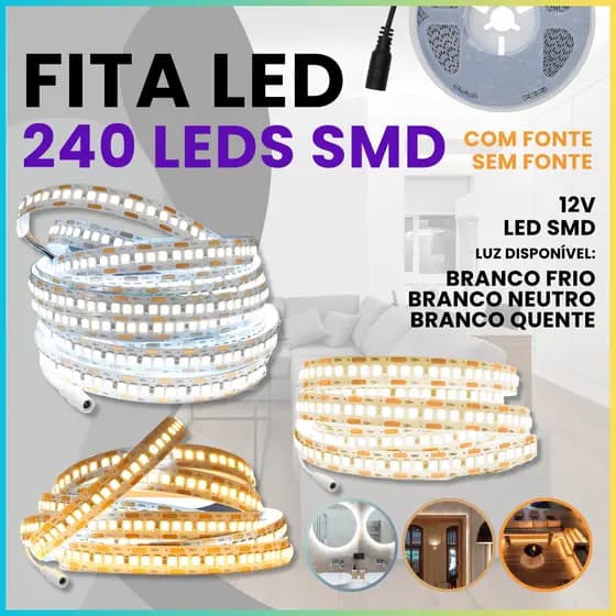 Fita Led 240led Por Metro 3528 12v Para Perfil 5 Metros Luz Forte Sanca