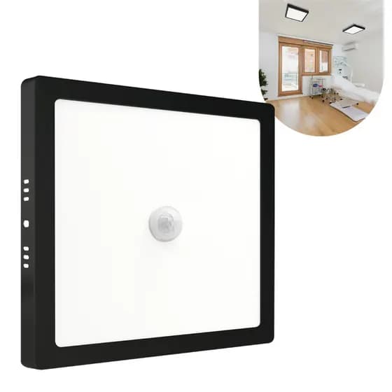 Painel Plafon C/ Sensor 25w Sobrepor Preto Quadrado Luz Frio