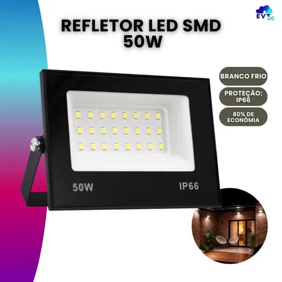 Refletor Led 50w Holofote Externo Bivolt Prova D'água Ip66 Luz Branco Frio
