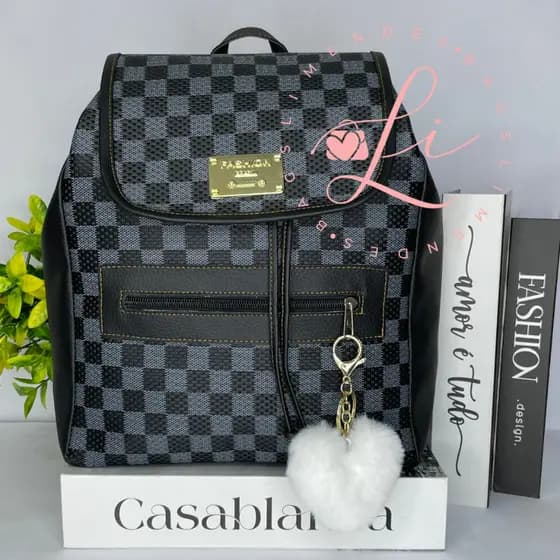 Mochila Estampada Xadrez Moda Escolar Feminina Coração