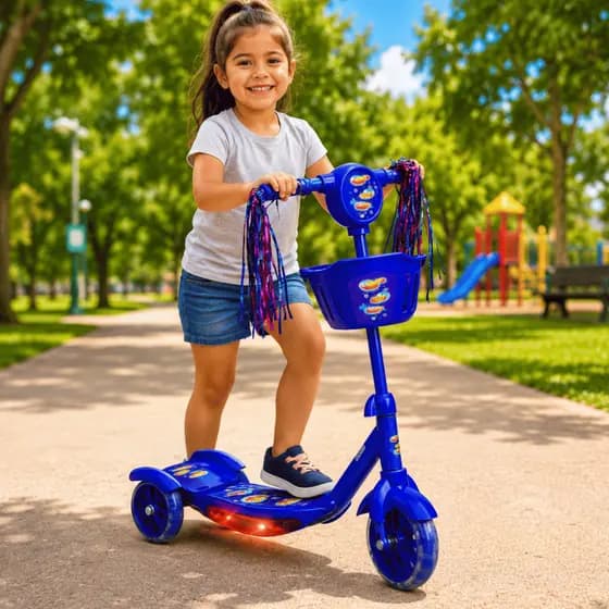 Patinete Infantil 3 Rodas Dobrável Ajustável Seguro Luz Som Cestinha Freio Rosa Azul