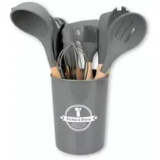 CINZA - Conjunto de Utensílios de Cozinha 12 Peças - Silicone e Cabo de Madeira