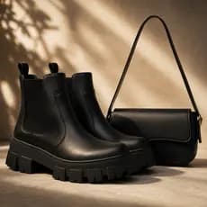 Kit Bota Chelsea Tratorada Feminina + Bolsa Preta Alça Curta Elegante Promoção Inverno Casual