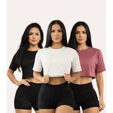 Kit 3 Cropped Oversized Algodao  Casual Fitness Feminino Treino Academia Estiloso Esportivo Corrida Esporte Caminhada