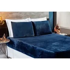 Jogo de Cama Lençol Casal Queen Inverno Azul Marinho 03 Peças Plush Manta Flannel Aveludado Extra Macio