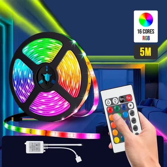 Fita LED RGB 5050 Rolo 5 metros Fonte 12V 3A e Controle Remoto
