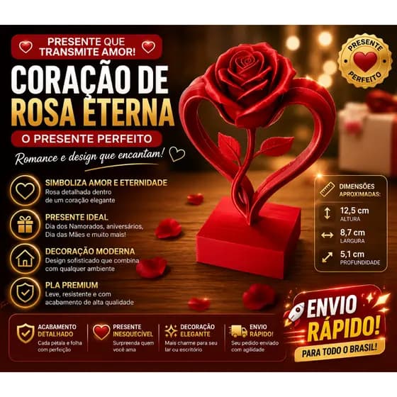 Coração de Rosa Eterna | Presente Romântico Decorativo