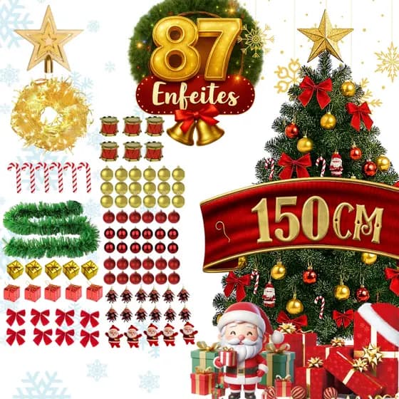 Árvore de Natal Grande 1,50M Verde ou Nevada + 87 Enfeites Natalinos Promoção Presente Decoração