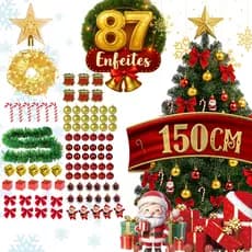 Árvore de Natal Grande 1,50M Verde ou Nevada + 87 Enfeites Natalinos Promoção Presente Decoração