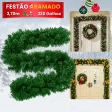 Festão Aramado Luxo 2,70m Decoração Natal Verde 230 Galhos Cenário Enfeite Natalino Promoção