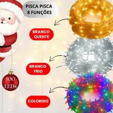 Cordão Pisca Natal Enfeite 100 Leds 9m 8 Funções Decoração Promoção 127V/220V Transparente