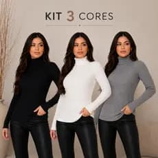 Kit 3 Blusa Cacharrel Feminina Segunda Pele Gola Alta Lã Canelada Manga Longa Inverno Térmica Confortável Moda