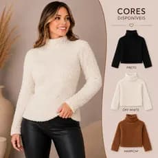 Blusa Teddy Feminina Sherpa Peluciada Gola Alta Pelinho Macio Quente Manga Longa Para Inverno Frio