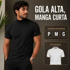 Camiseta Masculina Gola Alta Canelada Slim Fit Manga Curta Ajustada Conforto Premium P M G Casual Social