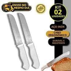 KIT 1 2 Faca de Pão Serra 6 Polegadas Serrilhada Aço Inox Cabo Ergonômico 27cm Cozinha Profissional Padaria Confeitaria