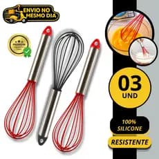 KIT 2 3 ou 5 Batedor Manual Fue Fouet em Silicone 29cm Inox Profissional Resistente Mixer para Ovos Creme Cozinha