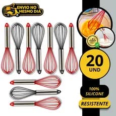 KIT 10 ou 20 Batedor Manual Fue Fouet em Silicone 29cm Inox Profissional Resistente Mixer para Ovos Creme Cozinha