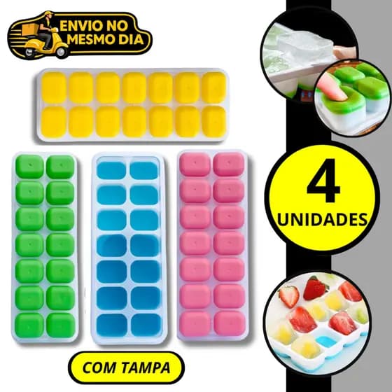 KIT 3 ou 4 Forma Cubo de Gelo com Tampa Silicone Flexível 16 Cubos Fácil de Desenformar