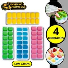 KIT 3 ou 4 Forma Cubo de Gelo com Tampa Silicone Flexível 16 Cubos Fácil de Desenformar