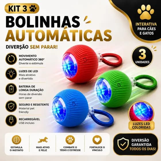 KIT 2/3/5 Bolinha Pet Automatica para Caes e Gato Interativo LED Recarregável Brinquedo Rolamento Brinquedo Filhotes