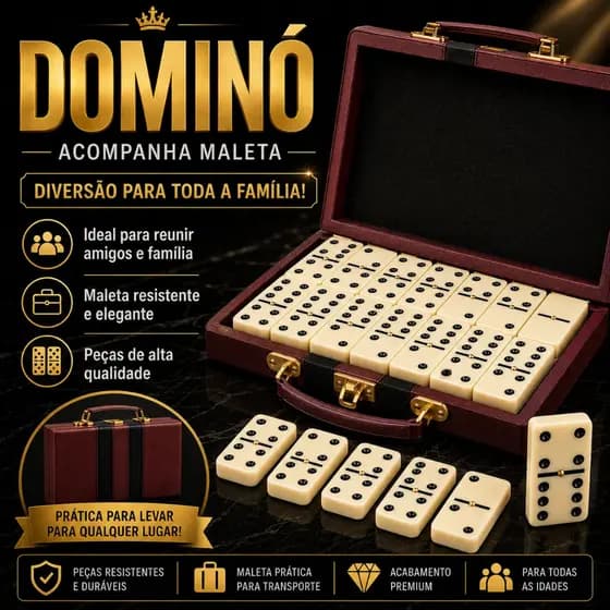 Jogo de Domino Profissional de Osso 28 Peças Grandes com Maleta Luxo Estojo para Transporte Família