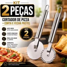 Kit Cortador de Pizza + Corta e Fecha Pastel em Aço Inox Carretilha Lisa Ondulada Premium Profissional 2 Peças