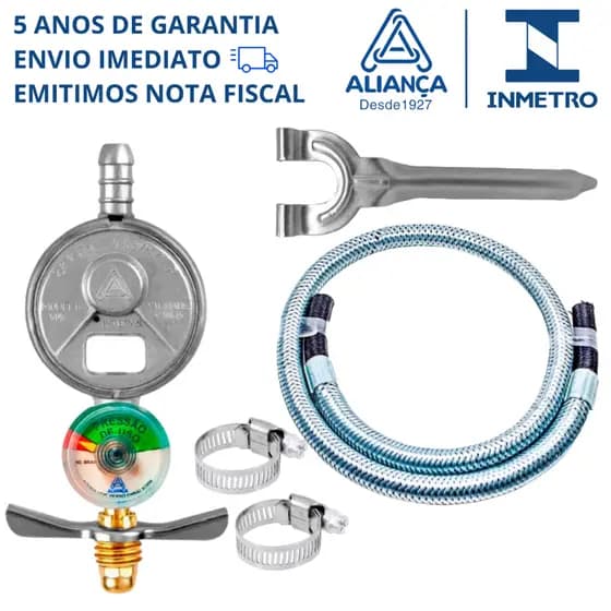 Kit 3m Mangueira De Gás Metal + Registro Aliança 505/01 c/ Manômetro p/ Botijão de Cozinha