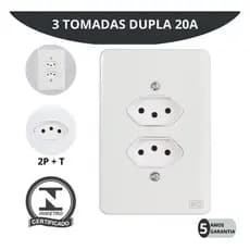 Kit 3 Conjuntos Tomada Dupla 20a 2p+t Espelho Branco 4x2