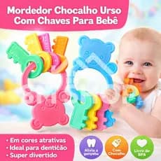 Mordedor Chaveiro Chocalho Ursinho para Gengiva com Chaves Coloridas Para Bebê (Rosa, Branco, Azul)