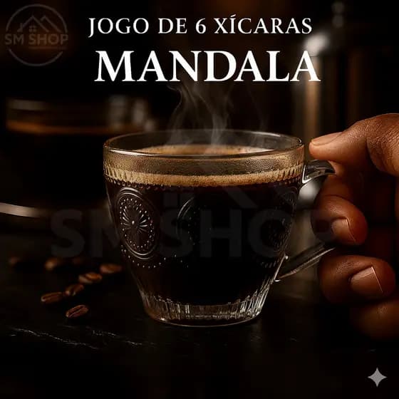 Jogo de 6 Xicaras Mandala de Vidro Transparente Decorado Café Chá Kit 6 Peças 200ML Dumiat Sem Pires