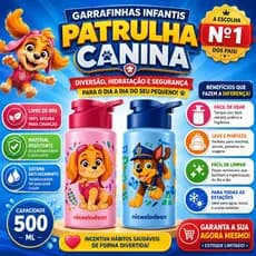 Garrafa de Água Infantil Squeeze Com Tampa Alça Patrulha Canina Menina Menino 500ml Volta as Aulas