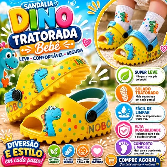 Sandália Chinelo Infantil Bebê Baby Slide Tratorado Dinossauro Confortável Macio Leve Antiderrapante