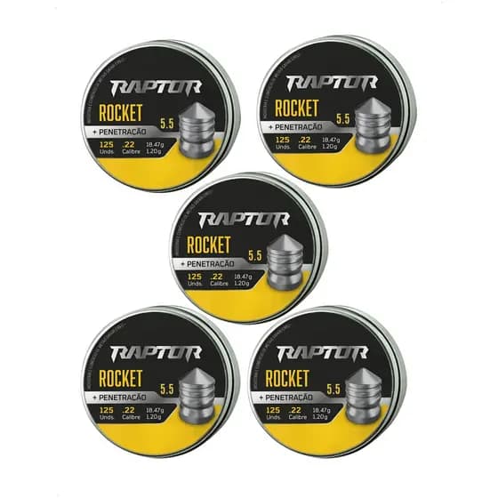 Kit 05 Lata Chumbinho Raptor Rocket 5,5mm Penetração Pontiagudo 125un