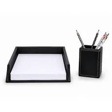 Conjunto Organizador de Mesa em Couro com Porta-Lápis e Bandeja A4- Preto