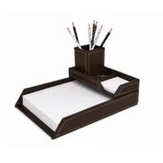 Kit Organizador de Mesa em Couro Legítimo Bandeja A4 Porta Canetas Porta Clips Porta Bloco Executivo