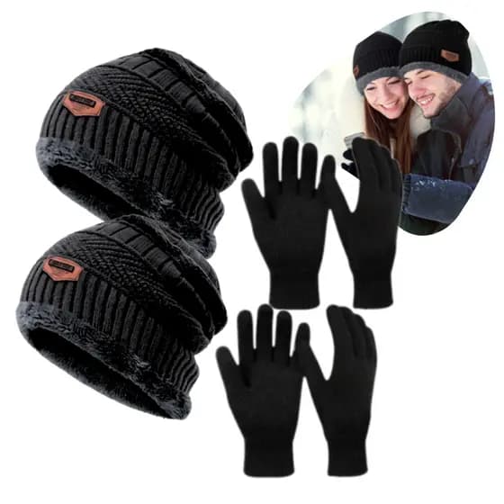 Kit 2 Touca Pelinho Unissex + Luva de Lã Preta Frio Intenso Inverno Gorro Forrado Quente